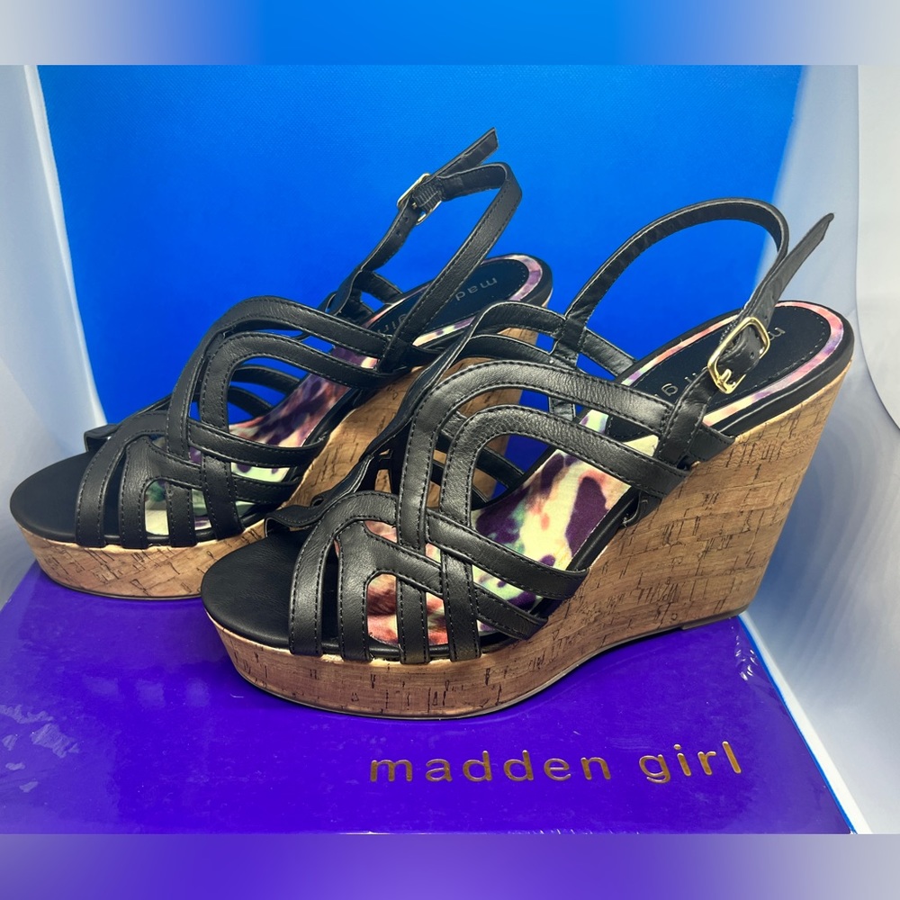 Madden Girl Elite Black Strap Cork Wedge Sandals- Women’s 9 M